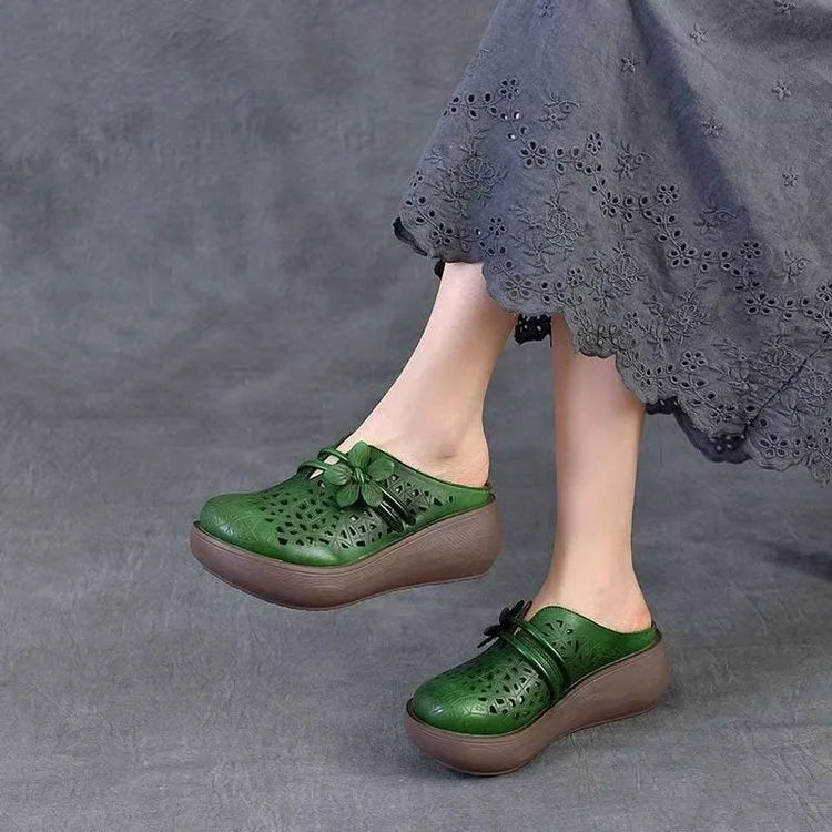 Women’s Hollow Leather-Look Wedge Comfort Sandals