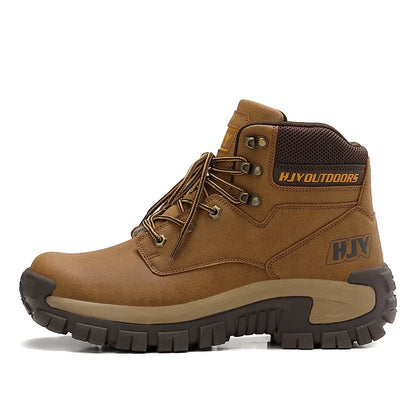 (🤜Work Hard For 5+ Years) Men Leather-Look Motorcycle Boots Waterproof Non-Slip Anti-Puncture Anti-Sprain Hiking Work Boots