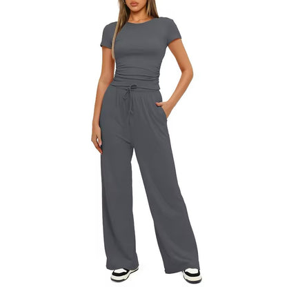 Women's Summer Ruched Top & Wide-Leg Pants Set
