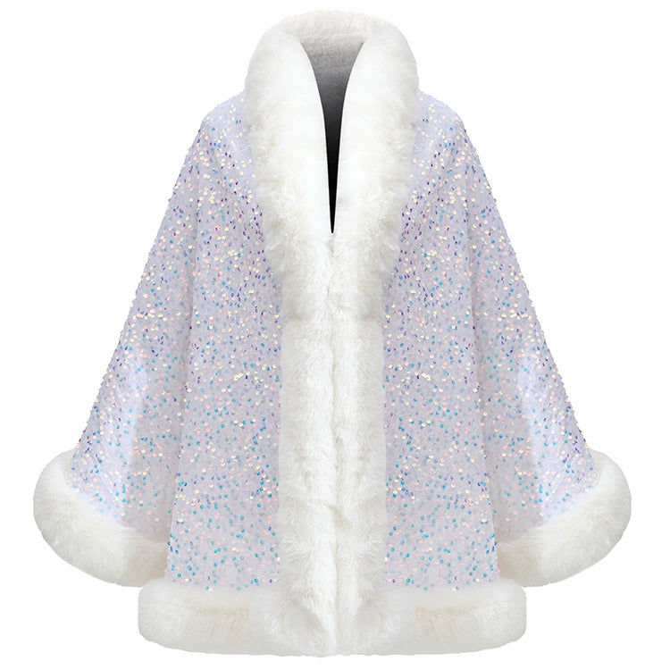 Women’s Sequined Faux Fur Trim Evening Shawl Wrap