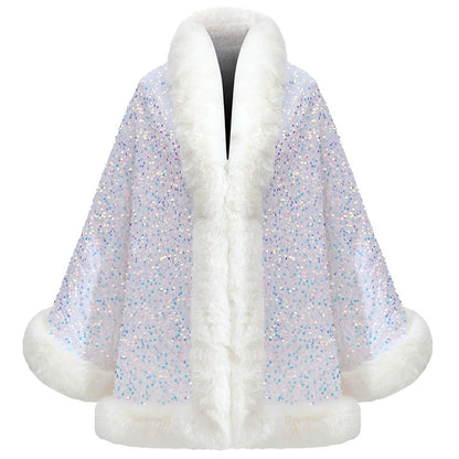 Women’s Sequined Faux Fur Trim Evening Shawl Wrap