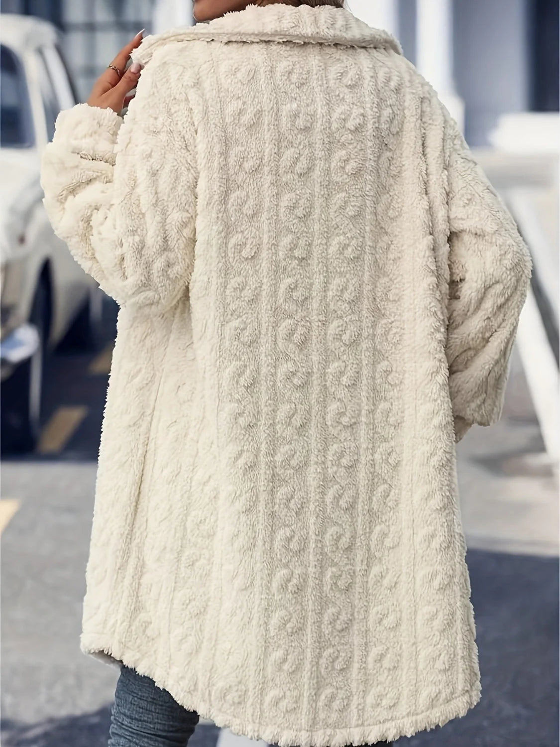 Women’s Longline Fuzzy Faux-Fur Button-Up Coat