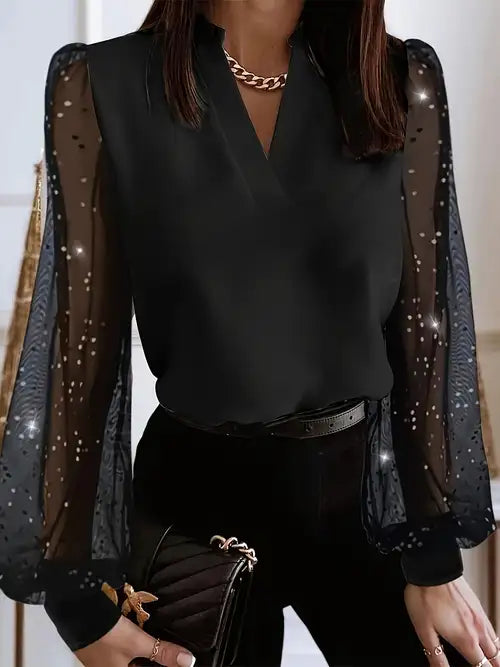 Women’s Elegant V-Neck Sheer Sequin Sleeve Blouse