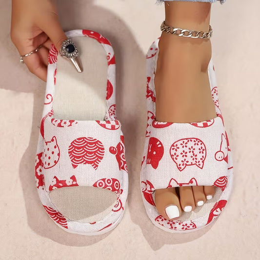 Women's Cat Print Open-Toe Home Slippers