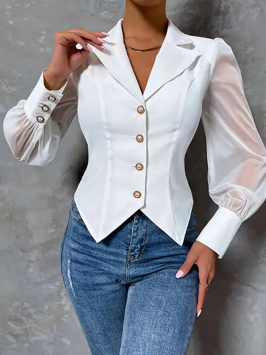 Women’s Elegant Peak Collar Sheer Sleeve Blouse