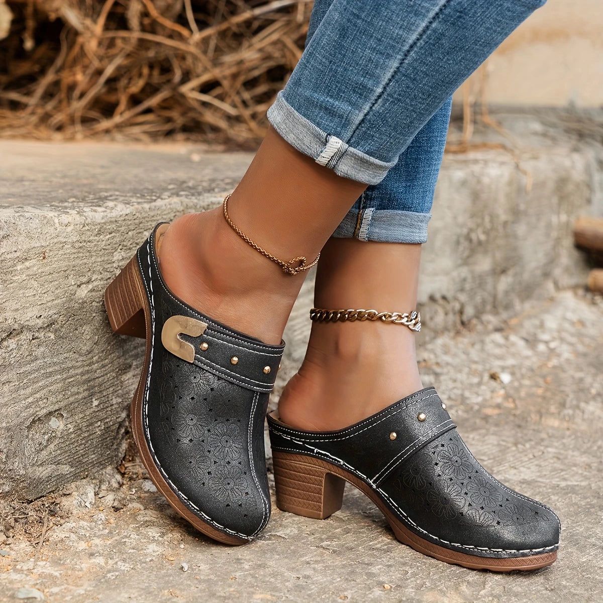 Women’s Vintage Perforated Leather-Look Mules – Summer Slip-On Heeled Clogs