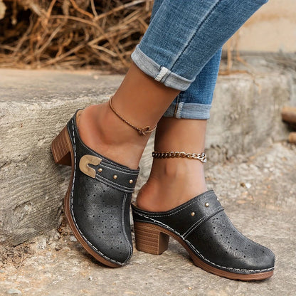 Women’s Vintage Perforated Leather-Look Mules – Summer Slip-On Heeled Clogs