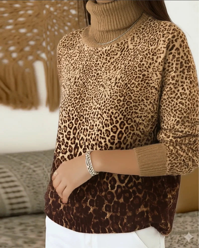 Women’s Leopard Print High-Neck Relaxed Knit Jumper