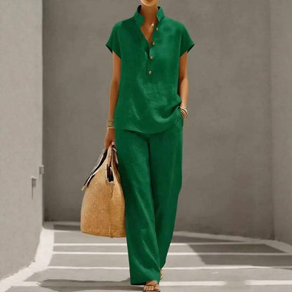 Women's Button-Neck Top and Wide-Leg Trouser Set