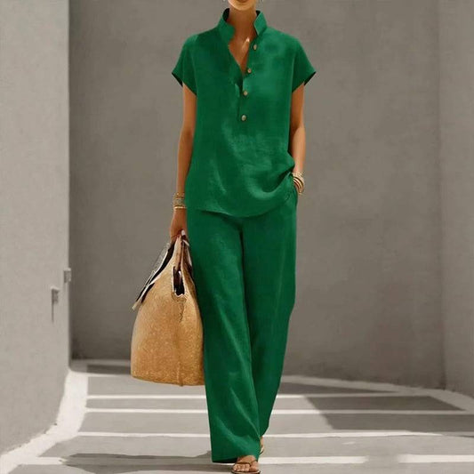 Women's Button-Neck Top and Wide-Leg Trouser Set