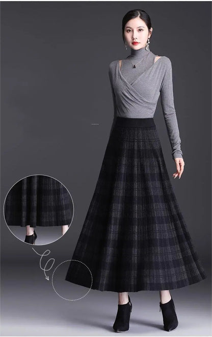Women’s Knitted Wool Blend Plaid Maxi Skirt