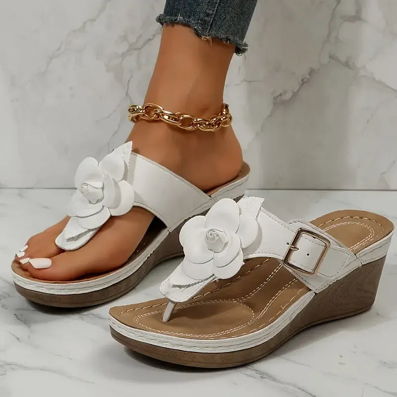 Floral Wedge Flip-Flop Sandals with Cushioned Sole