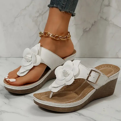 Floral Wedge Flip-Flop Sandals with Cushioned Sole