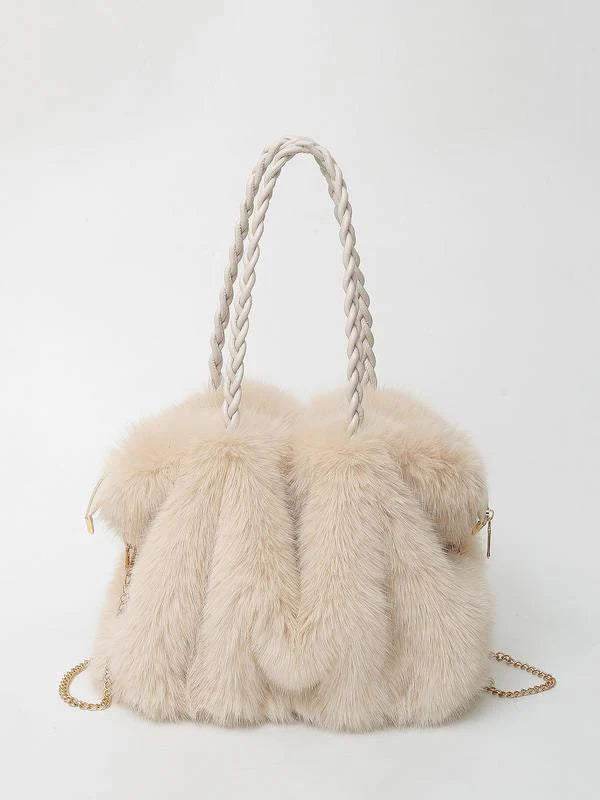 Women’s Braided-Handle Faux-Fur Shoulder Tote