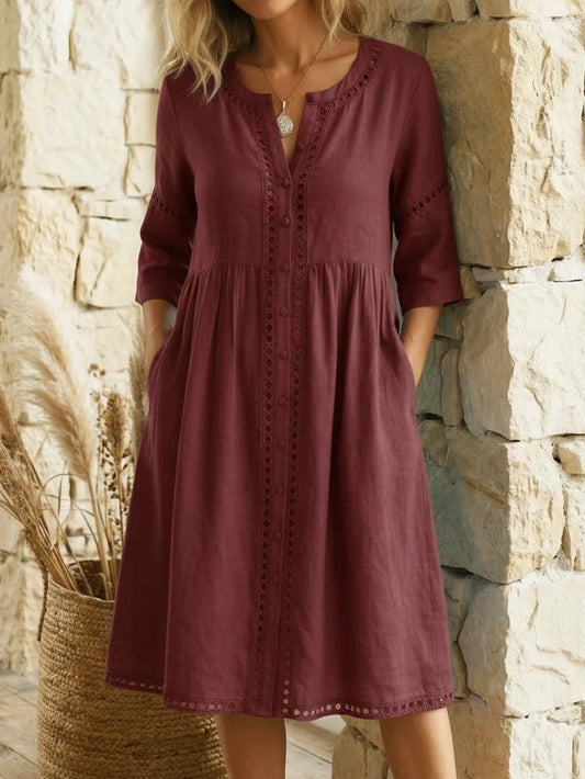 Women’s Cotton Linen Lace Panel Button Midi Dress