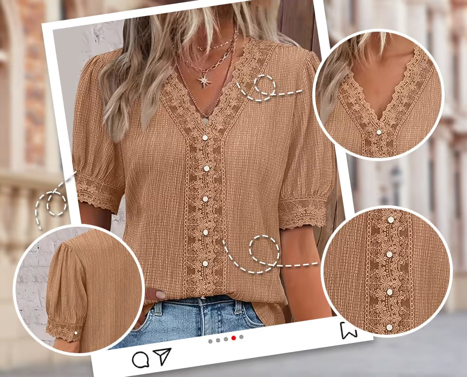 Women's Lace Patchwork V-Neck Puff-Sleeve Blouse