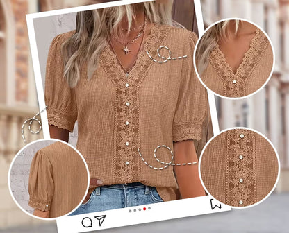 Women's Lace Patchwork V-Neck Puff-Sleeve Blouse