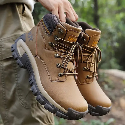 (🤜Work Hard For 5+ Years) Men Leather-Look Motorcycle Boots Waterproof Non-Slip Anti-Puncture Anti-Sprain Hiking Work Boots