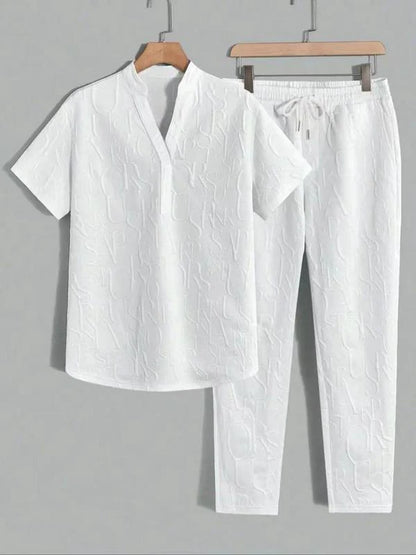 Men’s Embossed Pattern T-Shirt and Drawstring Trouser Set