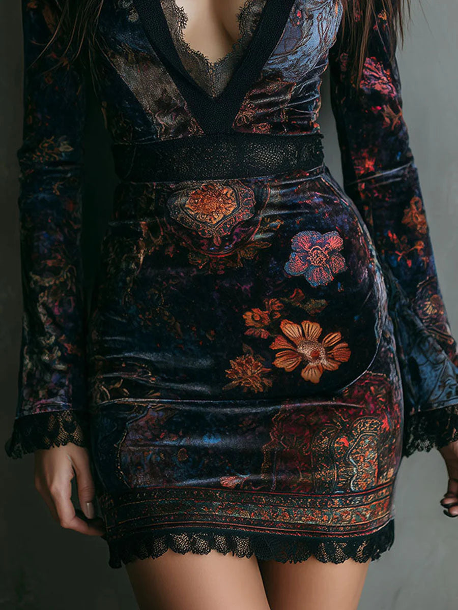 Women’s Velvet Floral Lace-Trim V-Neck Mini Dress