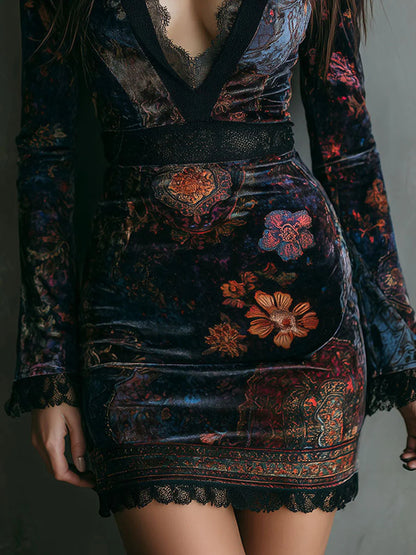 Women’s Velvet Floral Lace-Trim V-Neck Mini Dress