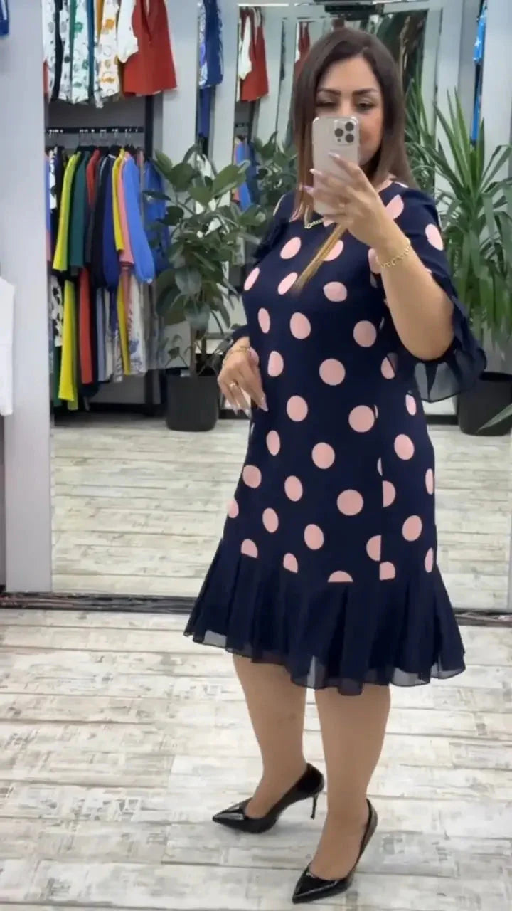 Women’s Polka Dot Flared Ruffle Hem Midi Dress