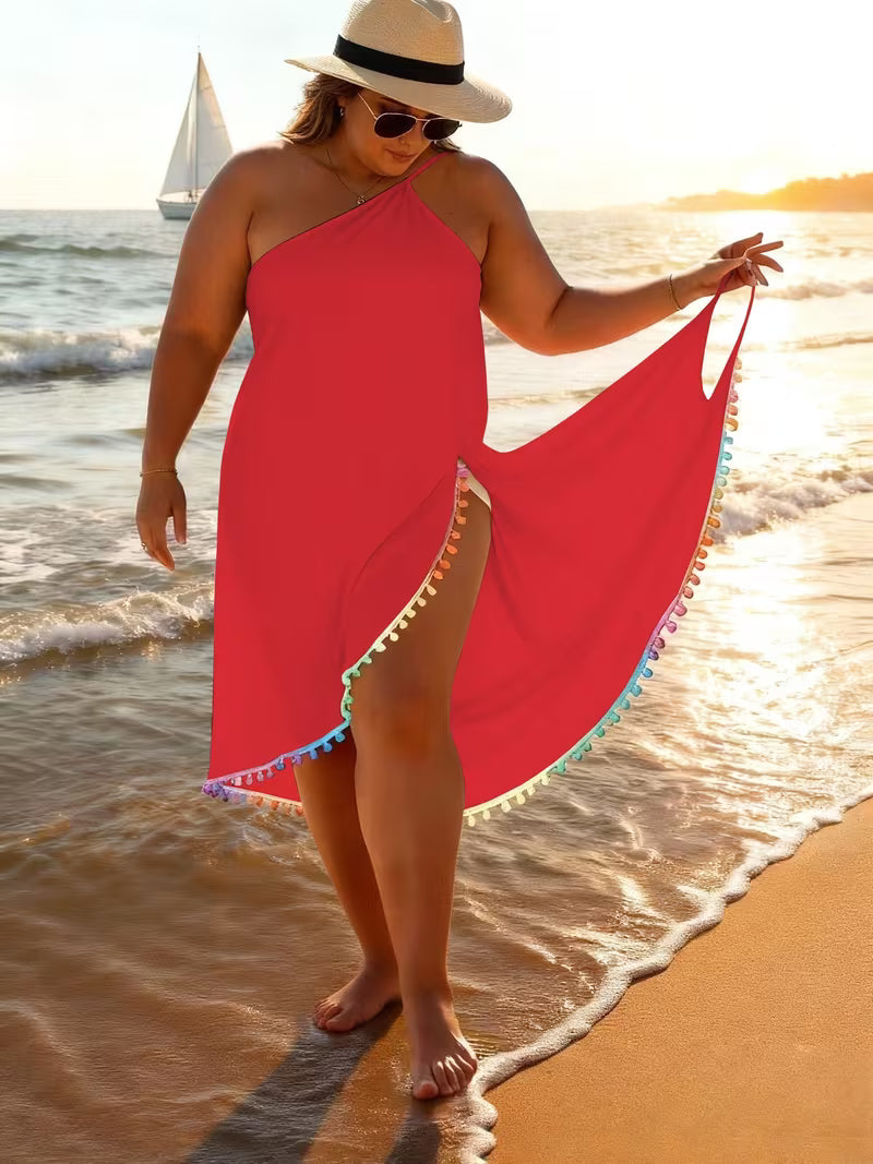 Women's Plus Size Pom Trim Beach Cover-Up