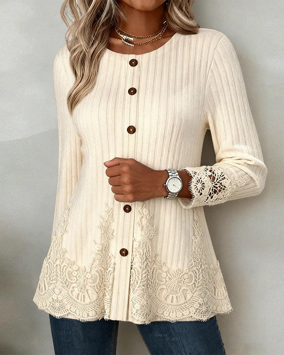 Women’s Ribbed Brushed Lace-Detail Long Sleeve Blouse