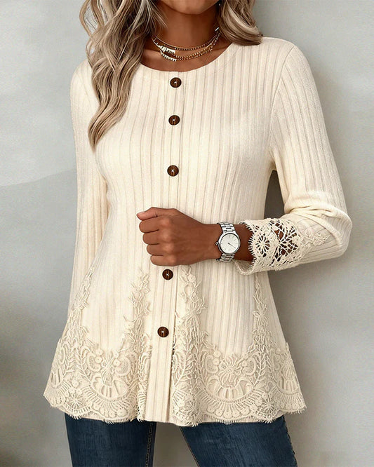 Women’s Ribbed Brushed Lace-Detail Long Sleeve Blouse
