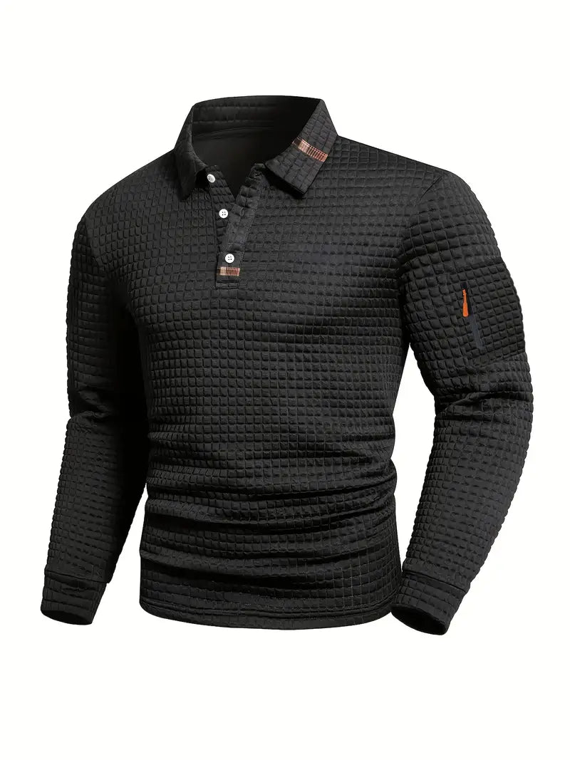 Men’s Textured Long Sleeve Polo Shirt with Zip Pocket