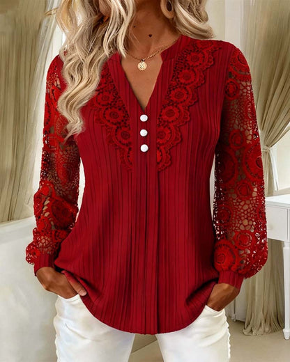 Women’s Lace Panel V-Neck Puff-Sleeve Blouse