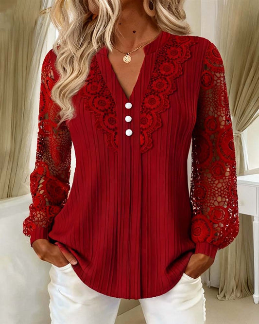 Women’s Lace Panel V-Neck Puff-Sleeve Blouse