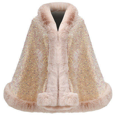 Women’s Sequined Faux Fur Trim Evening Shawl Wrap