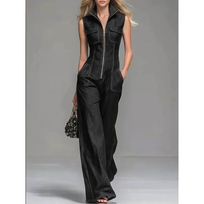 Women's Sleeveless Zip-Front Denim Jumpsuit