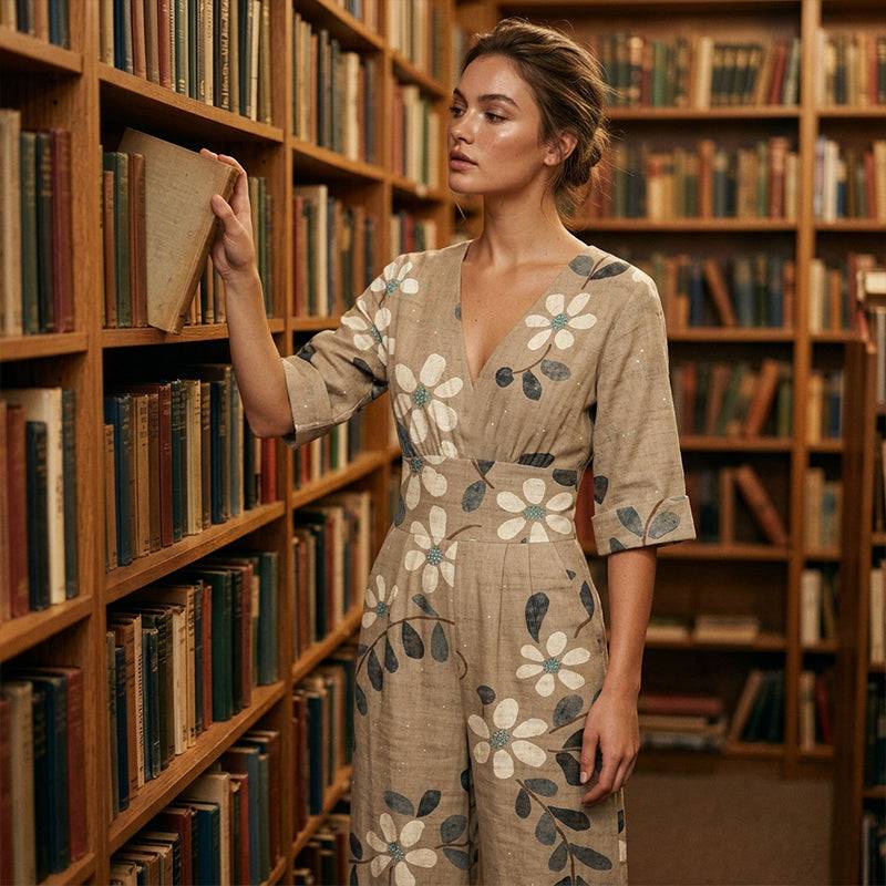 Women's Printed V-Neck Wide-Leg Jumpsuit