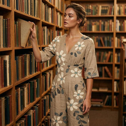 Women's Printed V-Neck Wide-Leg Jumpsuit