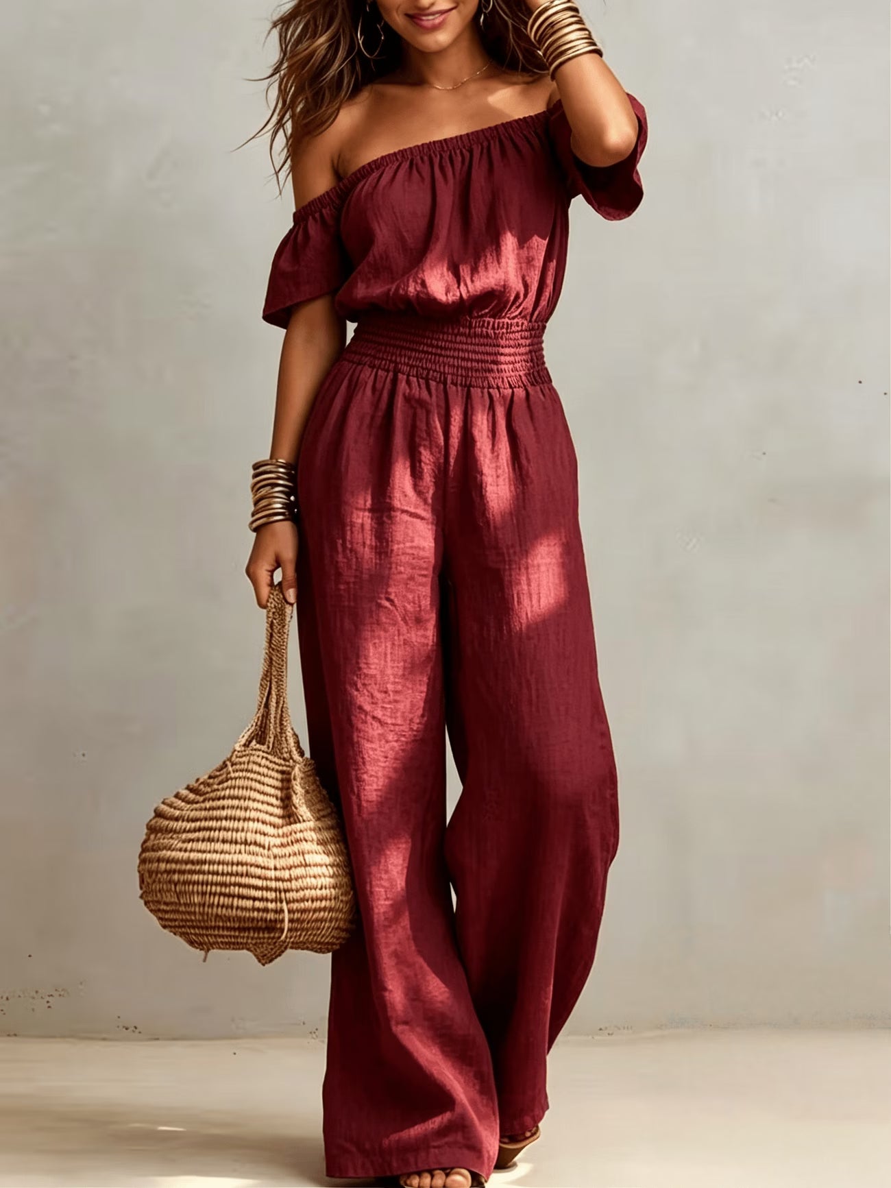 Vintage Off-Shoulder Wide-Leg Jumpsuit