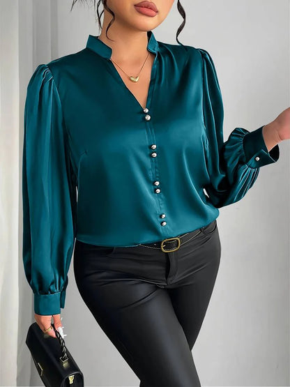 Women’s Satin Bubble-Sleeve V-Neck Blouse
