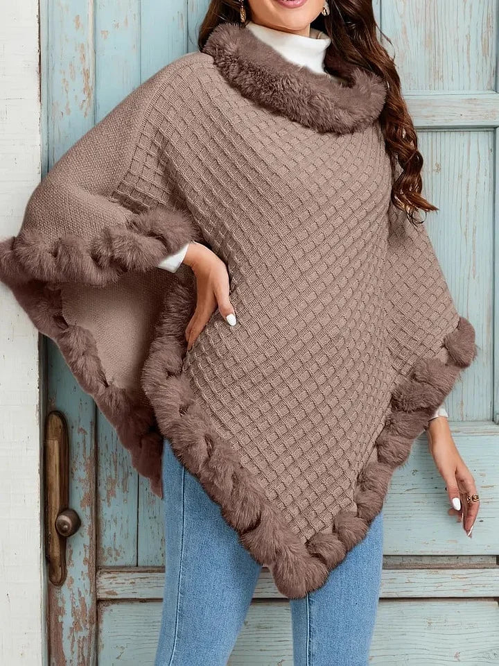 Women’s Faux-Fur Trim Knitted Winter Poncho Scarf