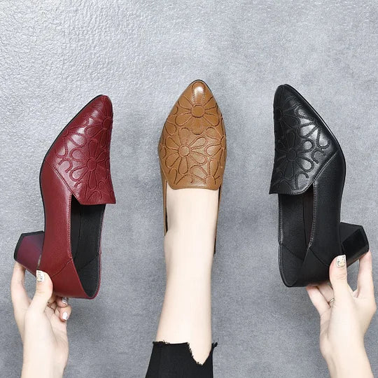 Women’s Soft Leather-Look Embroidered Mid-Heel Pumps