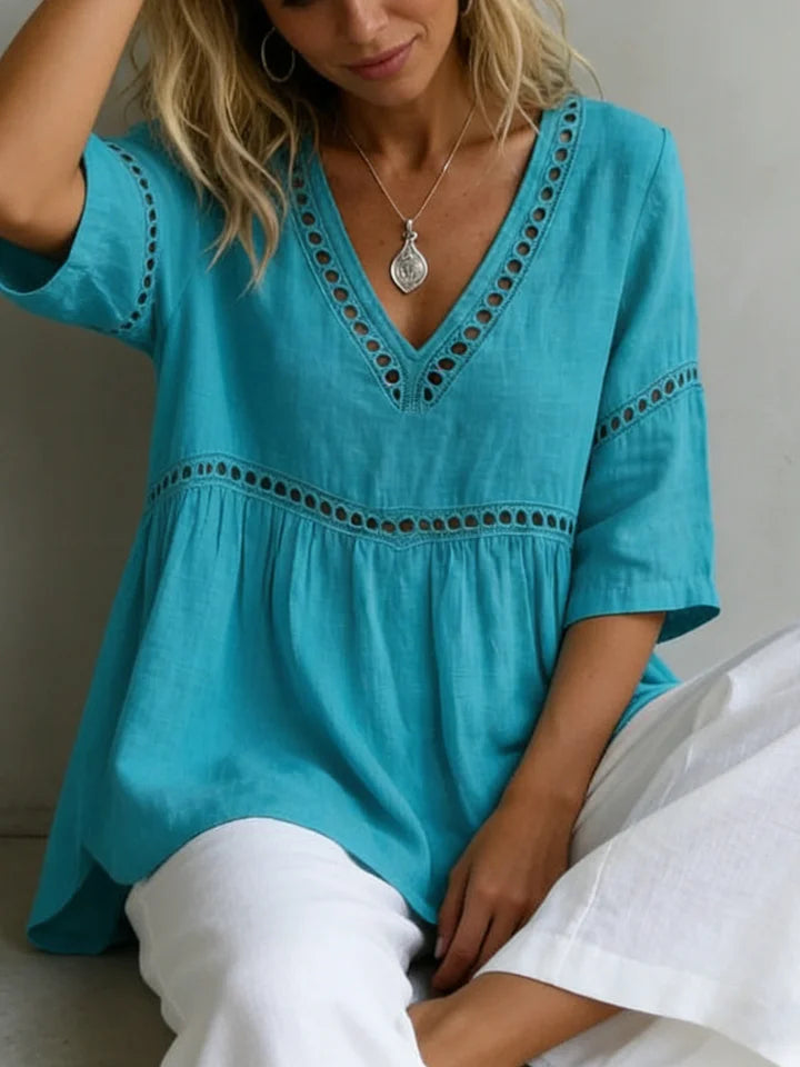 Women’s Cotton Linen V-Neck Lace Panel Blouse