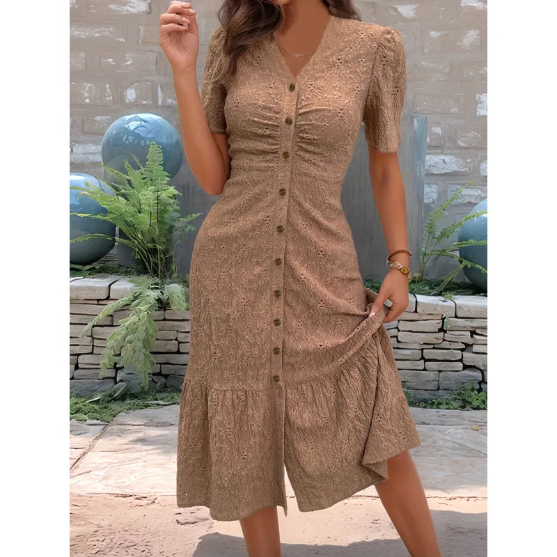 Women's Button-Front V-Neck Midi Dress
