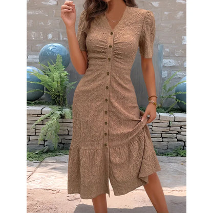 Women's Button-Front V-Neck Midi Dress