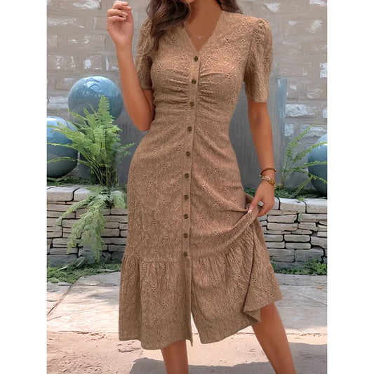 Women's Button-Front V-Neck Midi Dress