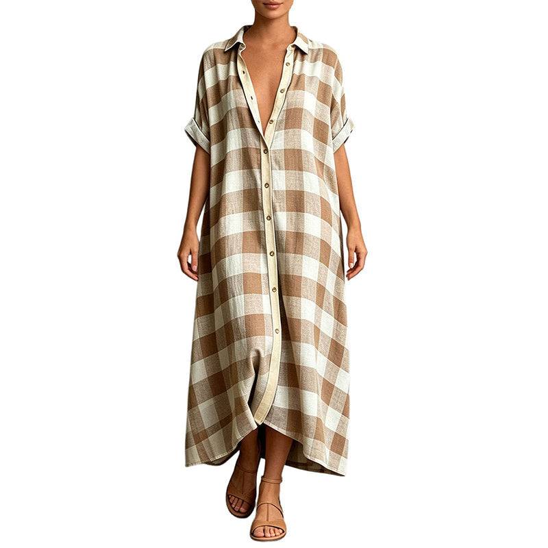 Women's Check Button Front Maxi Shirt Dress