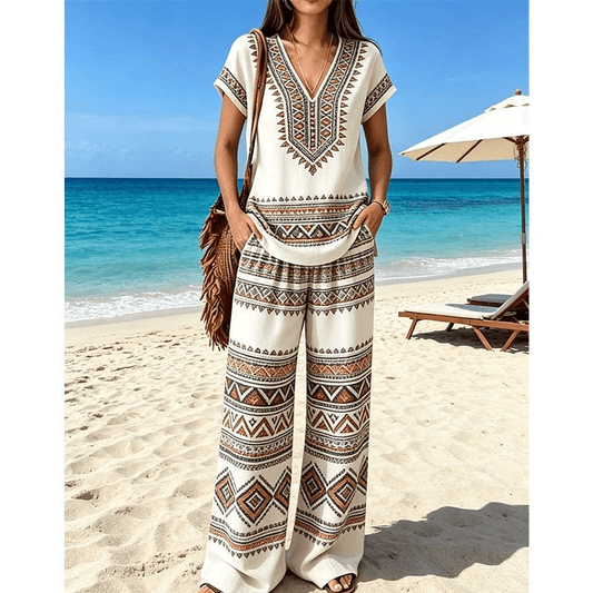 Women's Printed Top and Wide-Leg Trouser Set