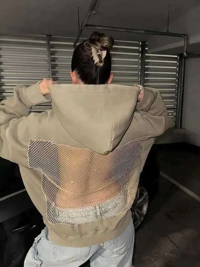 Women’s Glitter-Mesh Open-Back Hoodie