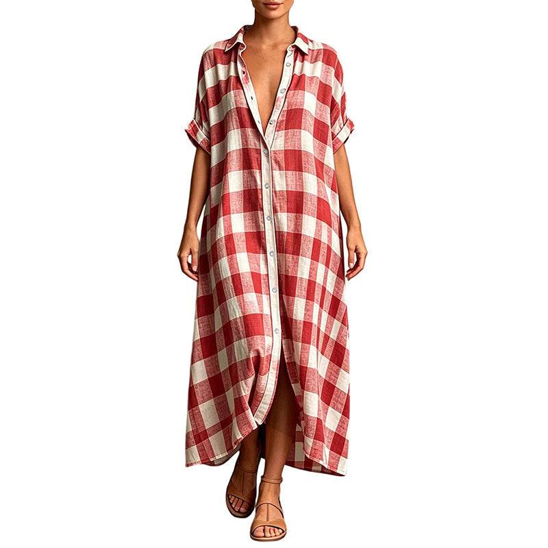 Women's Check Button Front Maxi Shirt Dress