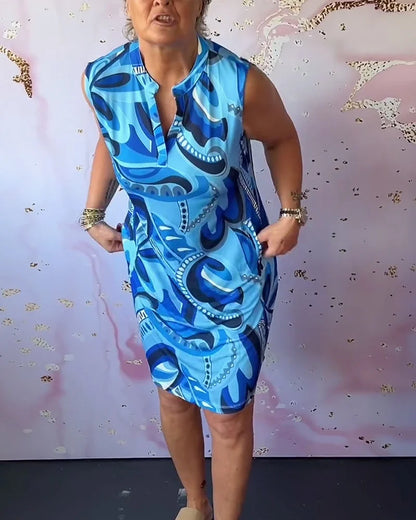 Women’s Printed Sleeveless Stand Collar Pocket Dress