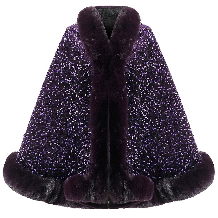 Women’s Sequined Faux Fur Trim Evening Shawl Wrap